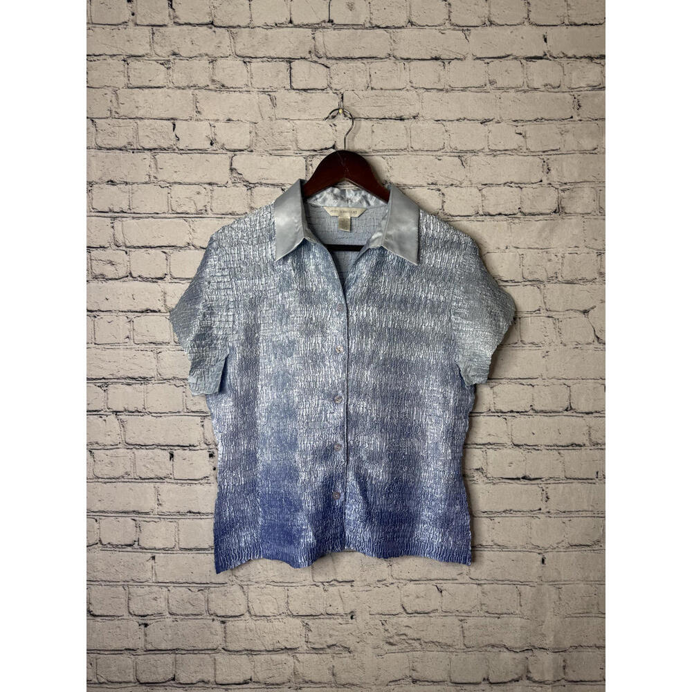 Petite‎ Sophisticate Blue Gradient Textured Button-Up Top, Size L